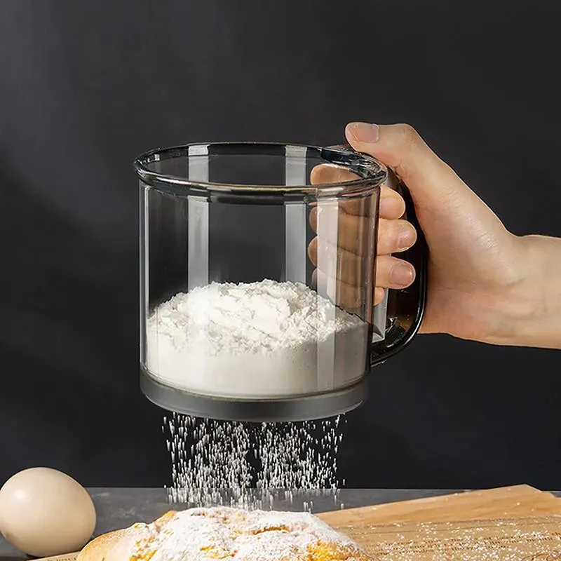 Compact Handheld Flour Sieve with Semi-automatic Function Baking Powder Shaker and Measure Cup Kitchen Tools