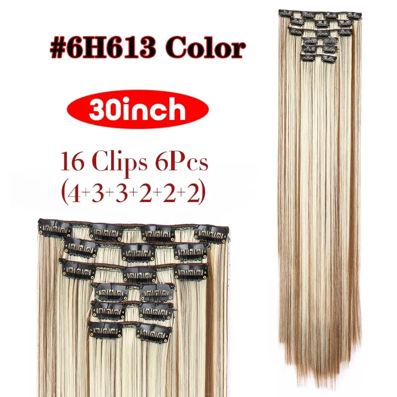 6Pcs/Set 16 Clips In Hair Extensions Black Brown Straight Synthetic Hairpieces 30Inch Thick Hair Extension For Girls Daily Use