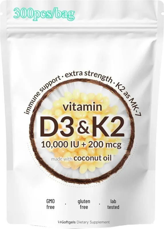 Vitamin D3 K2 Softgels D3 10000 IU + K2 MK-7 200 Mcg Softgels with Coconut Oil 2-in-1 Vitamin D & K Daily Supplement 180 Count