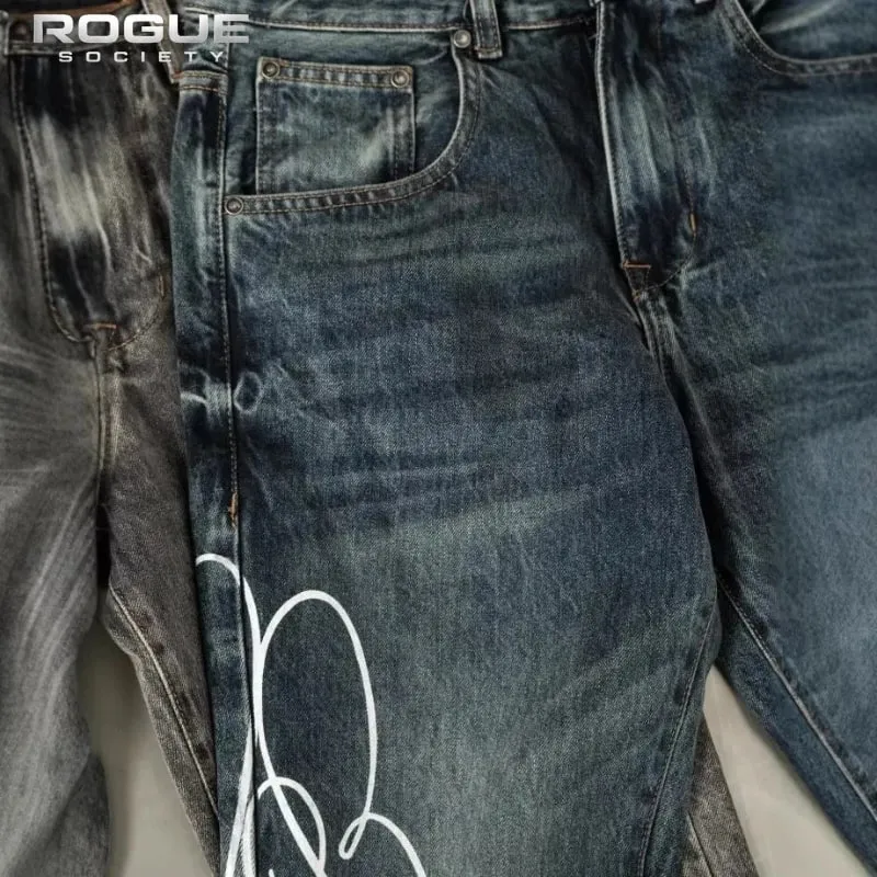 American Retro Y2K Streetwear Men Women Jeans Grunge Washed Faded Script Print High Street Hip Hop New Denim Summer Pants Casual