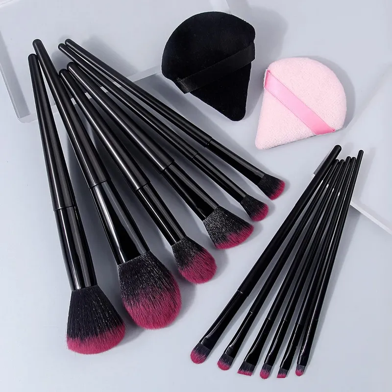 Hot Sale 14Pcs Complete Makeup Brushes Kit Soft Skin-Friendly Fluffy Cosmetic Brushes with Black & Pink Triangle Makeup Puffs