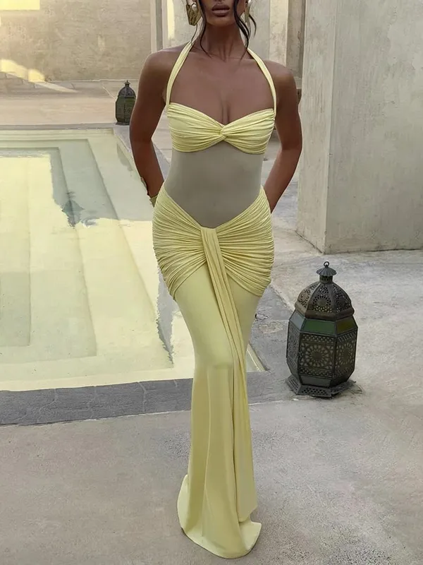 Mozision Halter, hát nélküli szexi maxi ruha női divatos patchwork, váll nélkül, ujjatlan, rovátkolt, drappos Bodycon klubruha