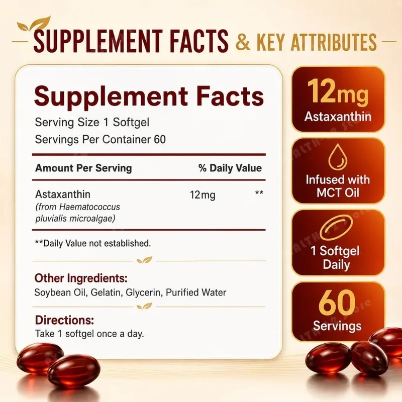 Astaxanthin 12mg Softgels Triple Strength Antioxidant Eye Skin Health Support Microalgae MCT Oil 60 Softgels Dietary Supplement