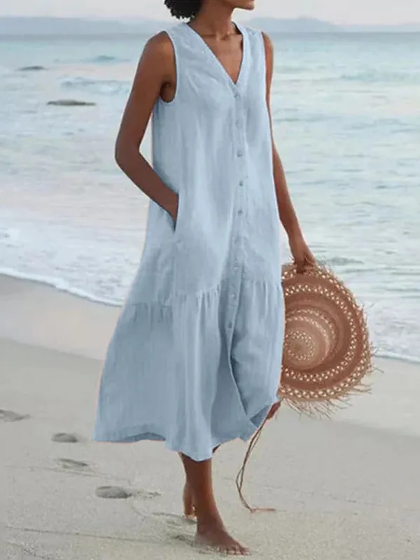 Sommer Lose Casual Patchwork Baumwolle Leinen Taschen Kleid V-ausschnitt Strand Stil Kleid Ärmelloses Vintage Club Midi Solide Frauen kleid