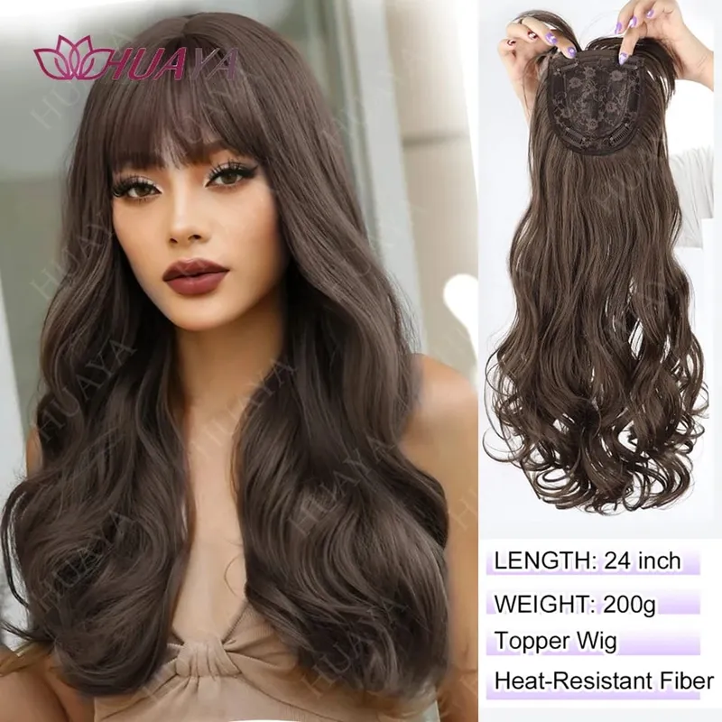 Synthetic 3 Clips In Topper Long Wavy Hairpiece Black Brown Women Fake Hair Clip In Hair Extensions With Bangs Fake Hairpiere