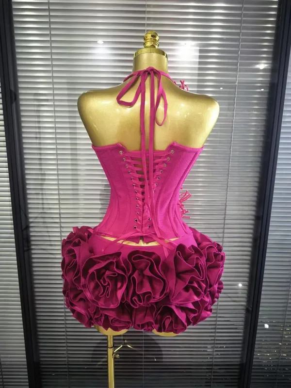 Women Sexy Halter Full Florals 2 Pieces Bodycon Mini Bandage Dress Celebrate Nightclub Party Birthday Outfit
