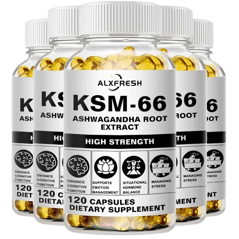 Natuurlijke organische Ashwagandha KSM-66 supplementencapsules voor stressverlichting Focus Hersenenergie Ondersteuning Slaapgezondheidssupplement