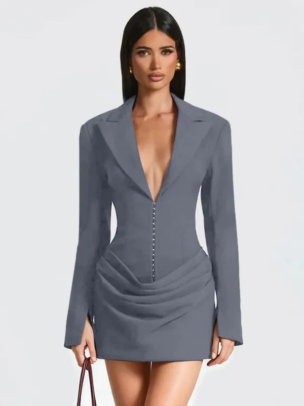 Chaxiaoa Long Sleeve Deep V Neck Ruched Sexy Mini Dress Women Autumn Winter Fashion High Waist Club Party Blazer Dresses Female
