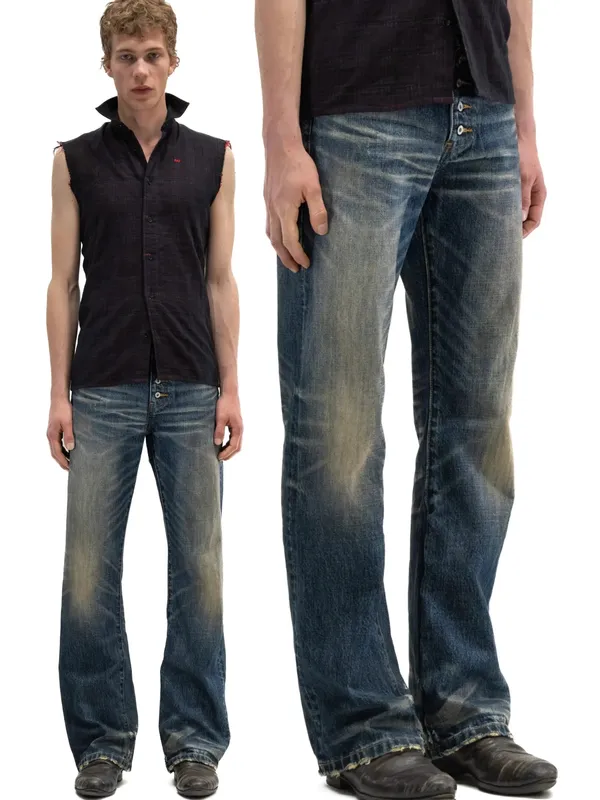 Button‑Fly Cat‑Whisker Pleated Indigo Selvedge Bootcut Jeans