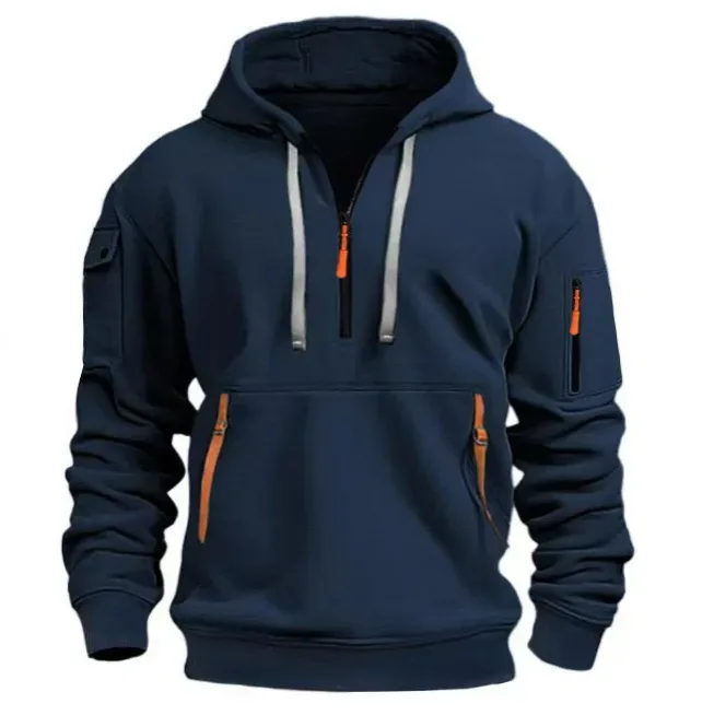 Autumn Men Half Zip Hoodie Multi Zipper Pocket Long Sleeve Pullover Drawstring Hooded Sweatshirt Outdoor Casual Loose Street .
