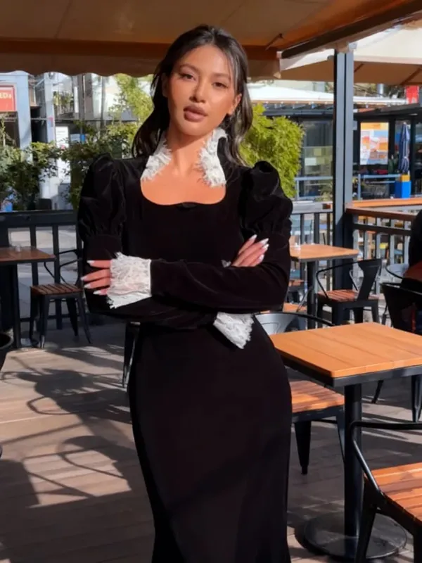 Lace Patchwork Velvet Long Dress Women Black Full Sleeves Waist Cinching Slim Maxi Dresses 2026 Lady Evening Party Vestidos New
