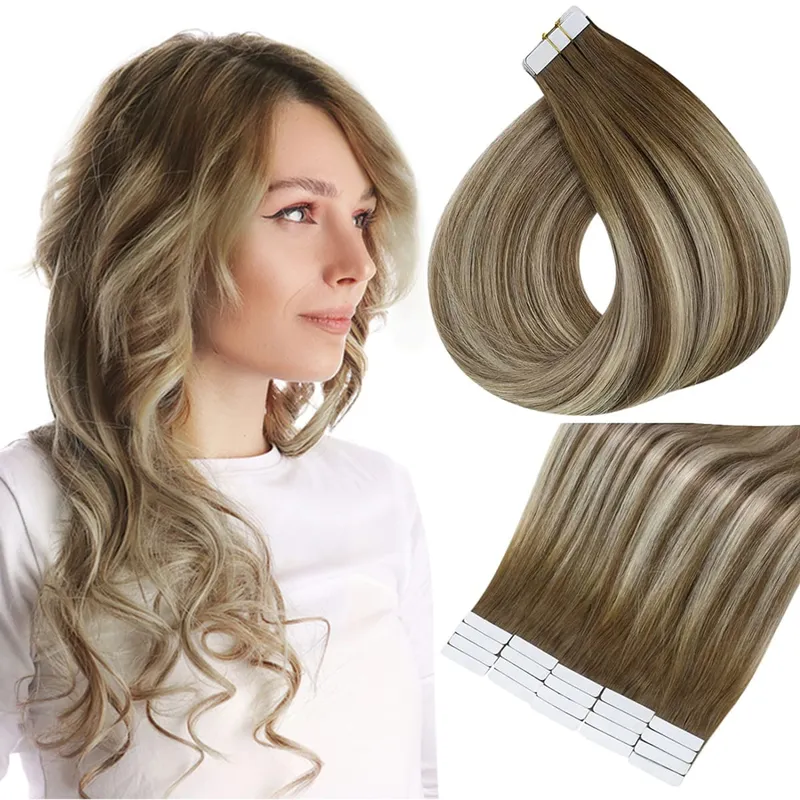 Full Shine Tape in Hair Extensions Human Hair Seamless Silky Straight Skin Weft 20Pcs 50G Add Length for Wedding