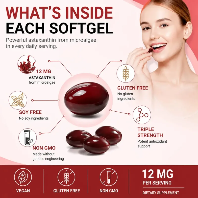 Cilt Sağlığı ve Sağlıklı Yaşlanma için Antioksidan Destekli Mikroalglerden Astaksantin Takviyesi 12mg Softgeller 120 Sayısı