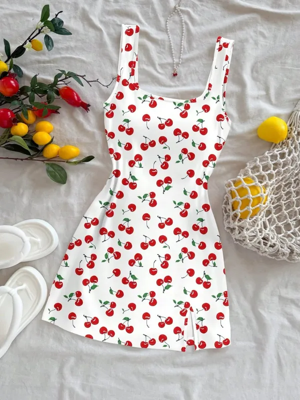 Women's Sexy Vacation Style U-Neck Cherry Print Open Back Side Slit Mini Dress for Spring/Summer