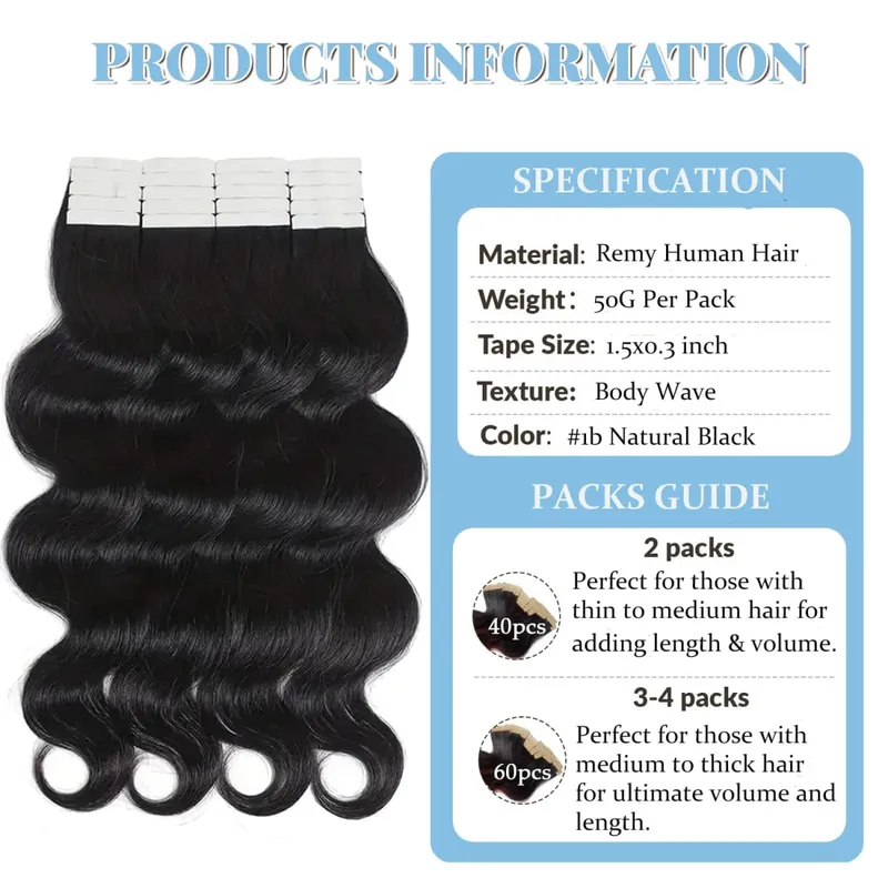 Body Wave Invisible Tape in Hair Extension 100% Human Hair Remy Hair Adhensive Skin Weft Injection Tape in Human Hair Extension
