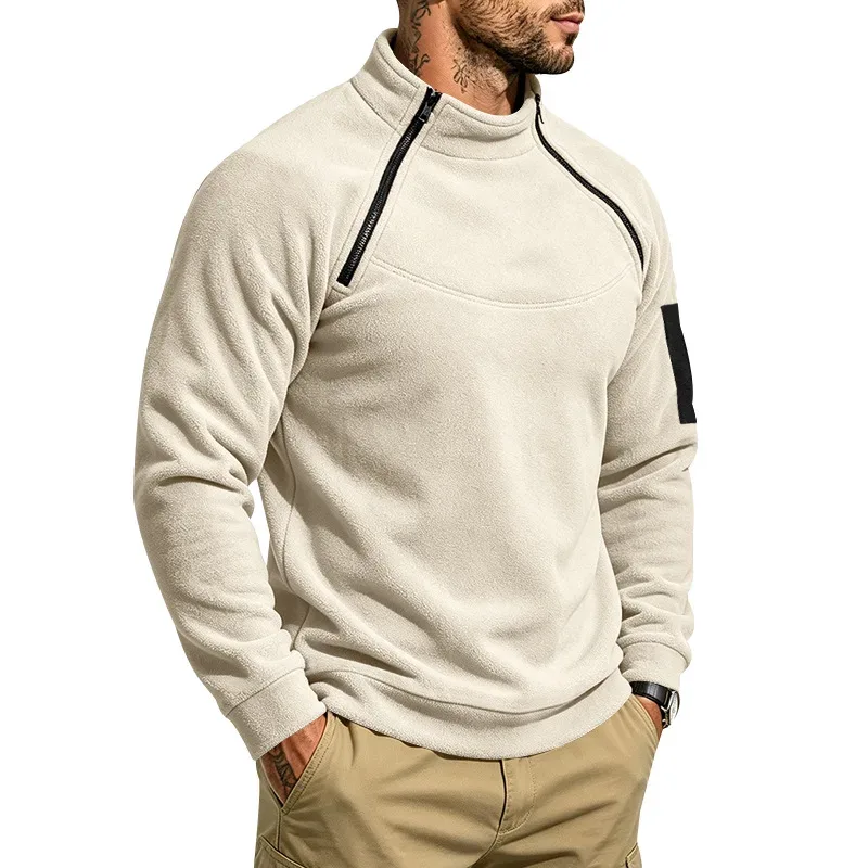 Men Fleece Stand Collar Sweatshirt Diagonal Zipper Arm Pocket Long Sleeve Loose Casual Pullover Autumn Winter Outdoor Tops