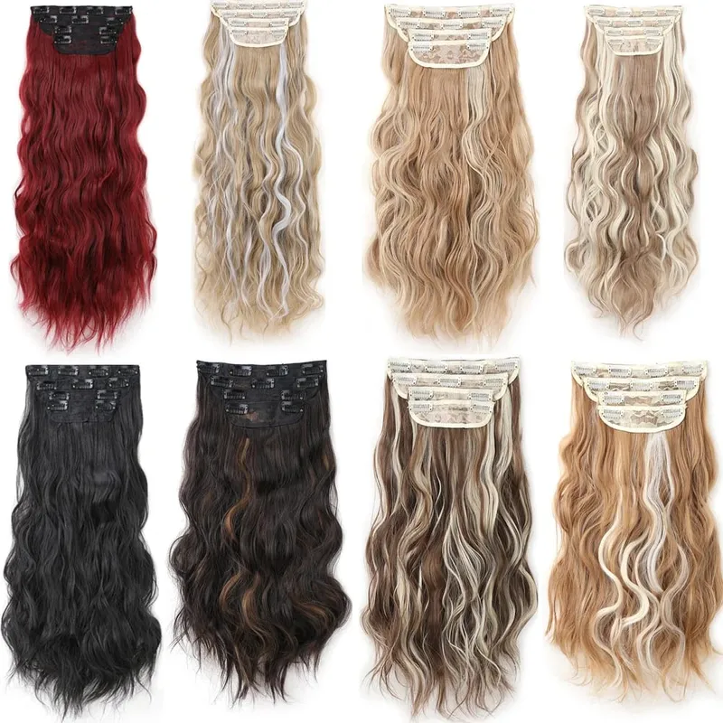 4Pcs/Set 16/20/24 Inch Synthetic Hair Clip In Long Wavy Thick Double Weft Hair Extensions Hairpieces For Women — image 2