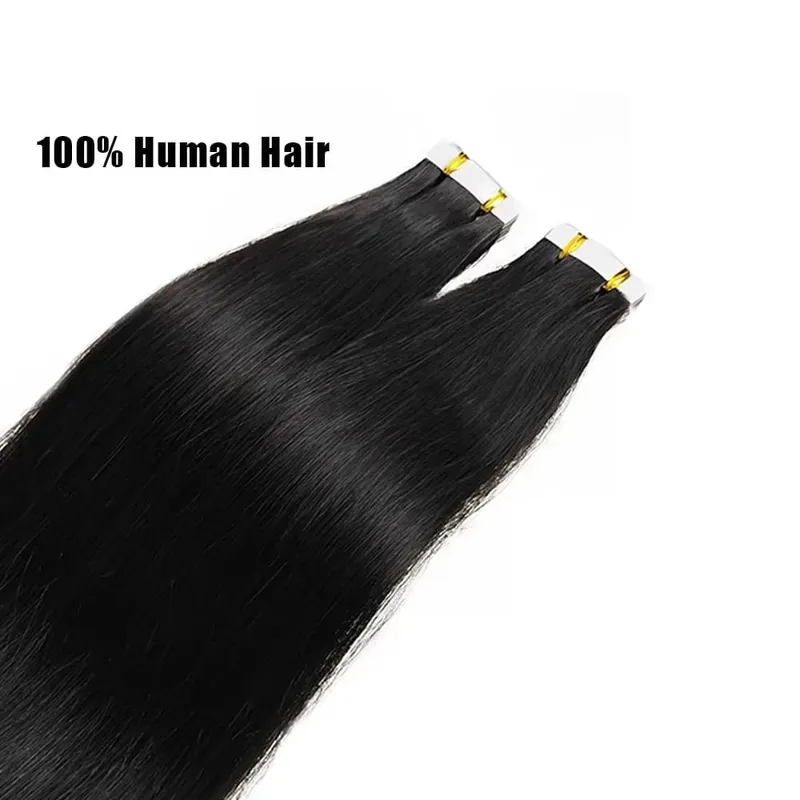 26 Inch Straight Tape In Hair Extensions Brazilian 100% Human Hair Natural Black Adhesive Invisible Glue Replaceable Seamless Tape Ins 20pcs/50g