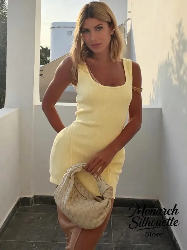 Solid Knit U Neck Mesh Mini Dress Women Chic Sleeveless Ribbed Tank Minimalist Slim Short Dresses Lady Club 2026 Arrival Gown