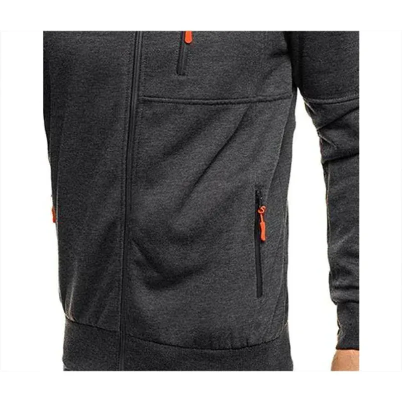Men's Grey Hooded Sweatshirt Full Zipper Casual Sportswear with Pockets Orange Drawstring plus Size Available