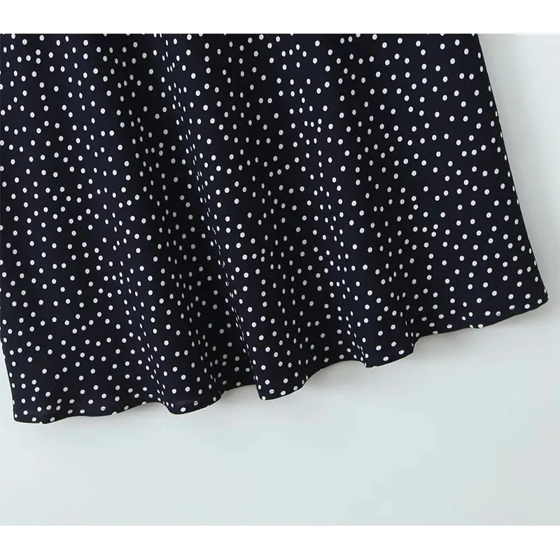 2025 vestido largo de lunares azul marino para mujer, vestido largo con ribete de encaje y cuello en V, manga corta, corte en A, vestidos elegantes para vacaciones, vestido Maxi de verano