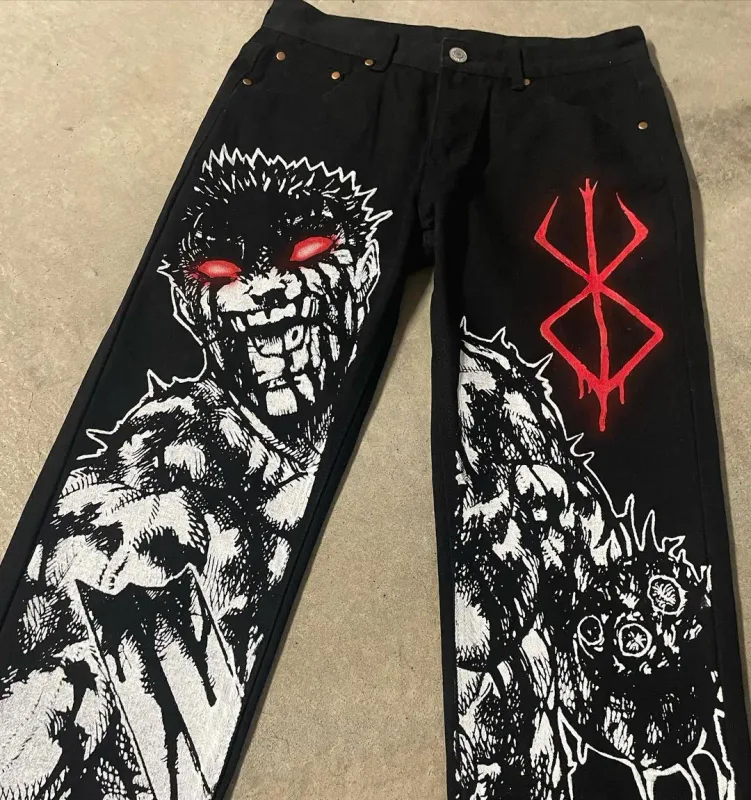Streetwear Jeans Y2K Japonský Harajuku Hip Hop Grafický potisk Baggy Jeans Černé kalhoty Pánské gotické kalhoty s širokým pasem a širokým pasem