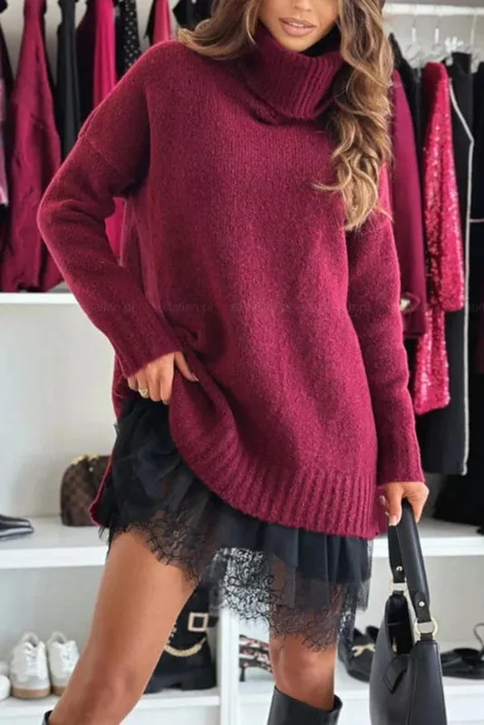 New Women's Dress 2-piece Knitted Sweater Turtleneck Lace Loose Fashionable Drop Shoulder Long Sleeve Female's Mini Skirt
