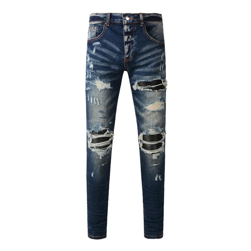 Fashionable New Men's Retro Blue Jeans With Pleated Elastic Perforated Blue Leather Patch Tight Tapered Pants Y2K