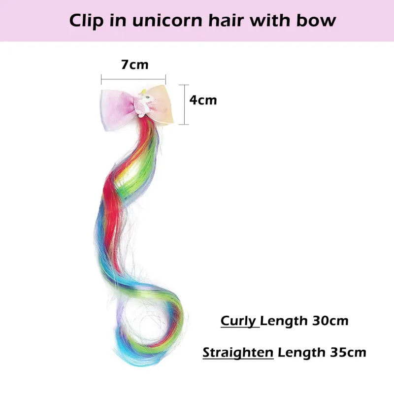 6pcs Clip in Curly Hair Extensions Rainbow Color Hairpieces with Cute Alligator Clip Bows for Girls-Great for Gifts Holidays