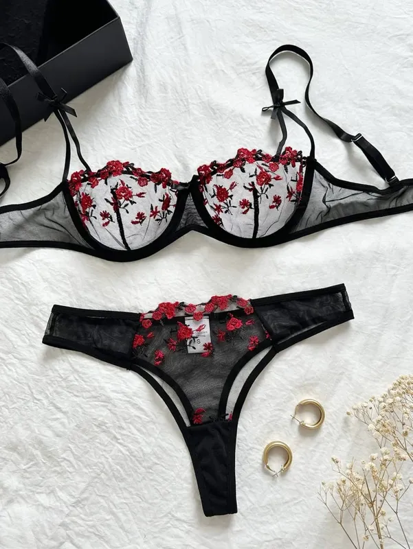 Lencería de noche para mujer, ropa interior Sexy hermosa de 2 piezas con bordado floral, conjunto de lencería erótica, conjuntos de mujer