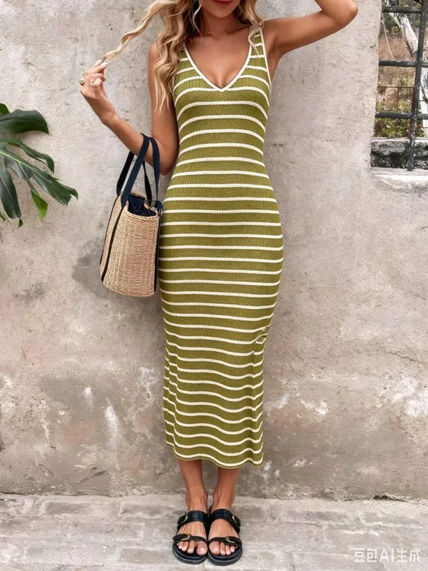V Neck Striped Knit Midi Dress For Women Sleeveless Side Split Bodycon Long Dress Summer Casual Elegant Tank Dresses