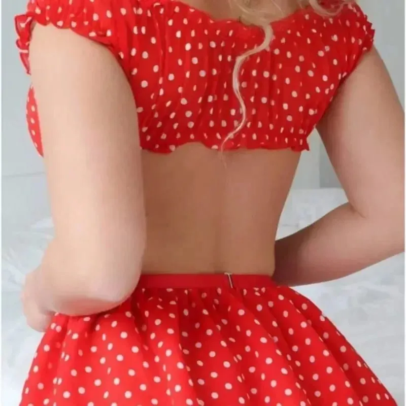 Women's Sexy Polka Dot 2 Piece Lingerie Set Off Shoulder Mesh Tulle Skirt with Garter Straps for Nightwear