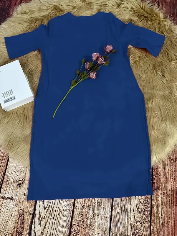 Plus Size 1XL-5XL Women's Loose-Fit Cotton-Linen Pocket Summer Round-Neck Short-Sleeve Dress and Beach Party Dress