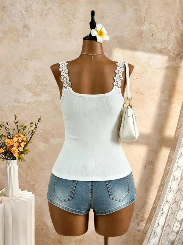 2 Pcs Women Lace Trim Spaghetti Strap Tank Top Ribbed Knit Square Neck Slim Fit Solid White Black Casual Cami Vest