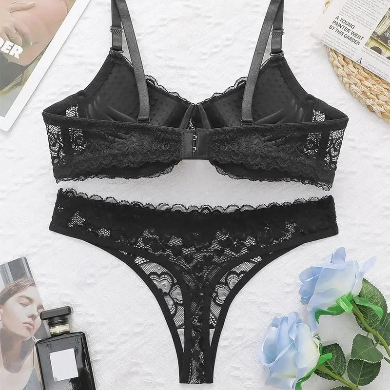 Women Sexy Lace Underwire Lingerie Set Breathable Lift Support Cami Bra & Triangle Briefs 2‑Piece Outfit