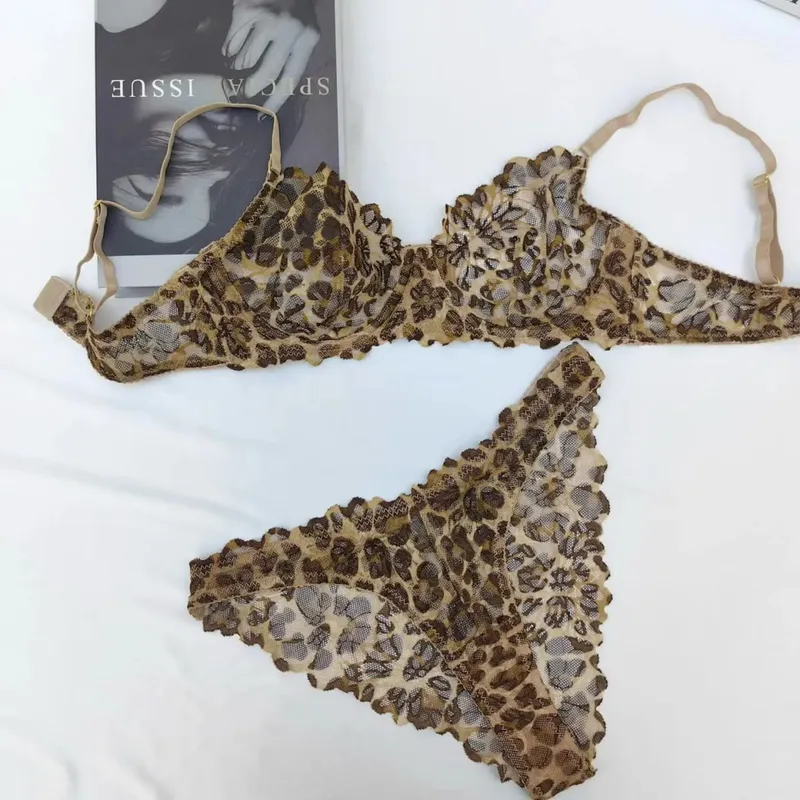Summer Ultra Thin Women Lingerie Set Sexy Leopard Print Bra French Lace Flowers Embroidery Underwear Breathable Intimates Bras