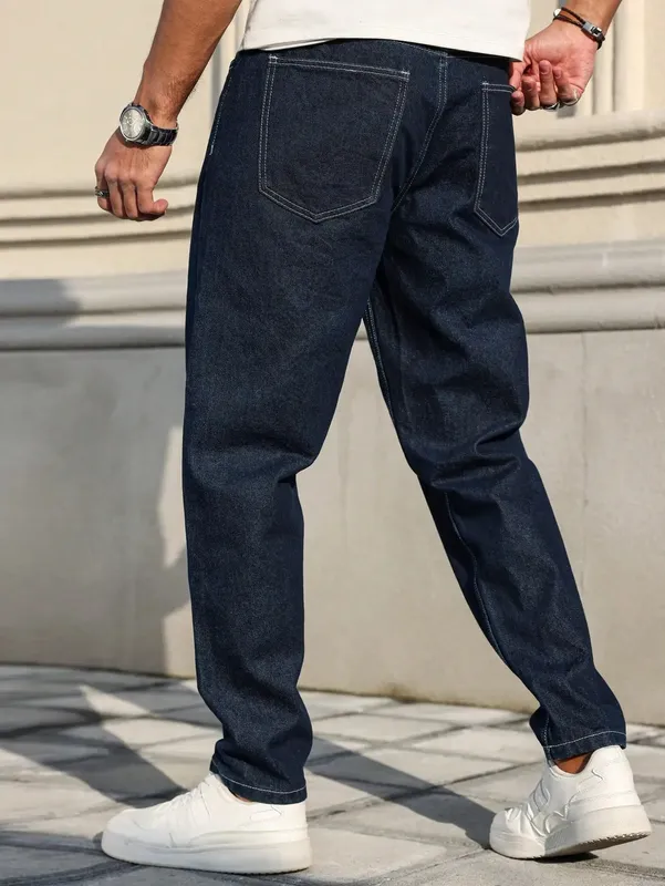 Men Raw Dark Blue Denim Jeans Contrast Stitching Loose Tapered Pants Vintage Non‑wash Straight Taper Trousers Streetwear