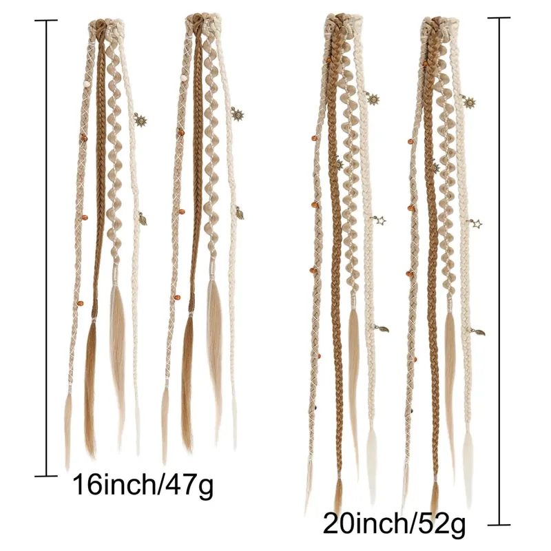 Clip in Braided Hair Extensions for Women Boho Dreadlock Clip in Braids with Beads 2pcs Handmade Synthetic Braided Hairpieces