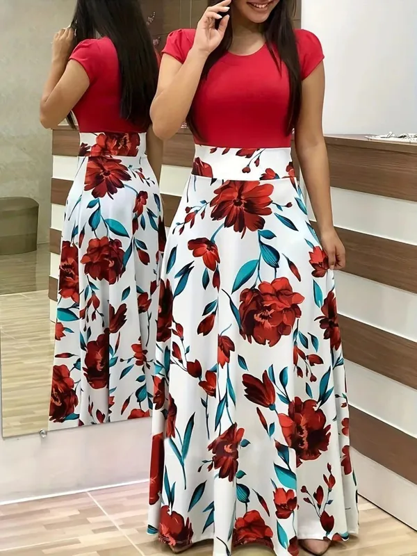 2024 Vestido de manga corta a juego con estampado de flores de estilo europeo y americano para mujer, falda con vuelo grande