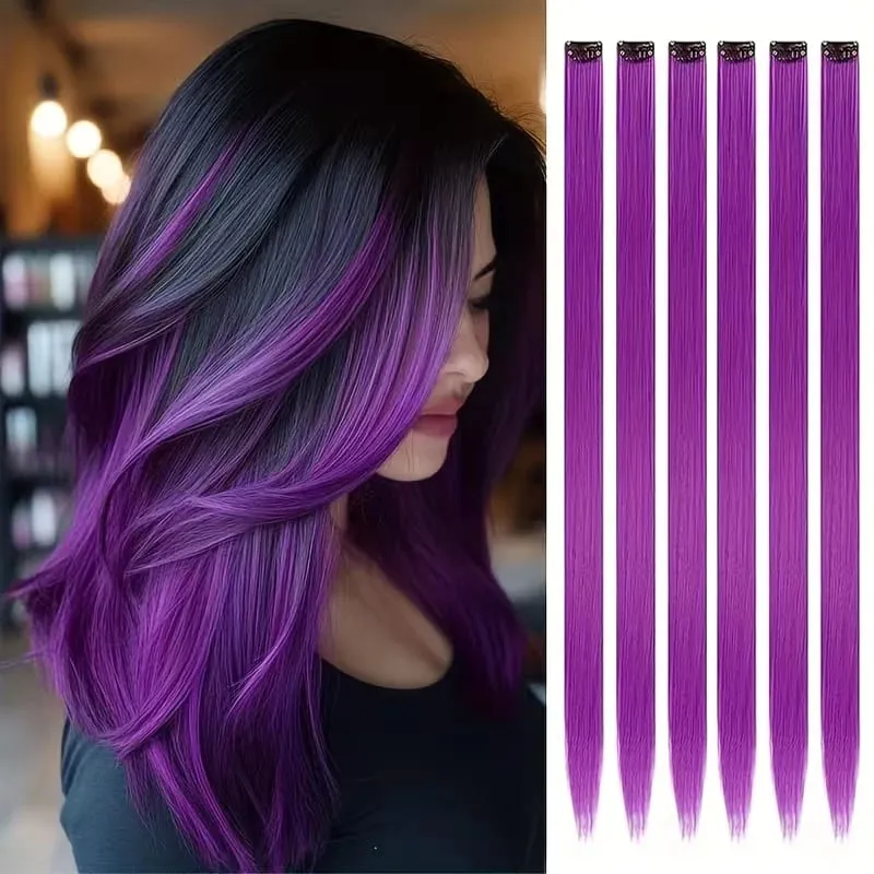 22Inch Synthetic 6pcs Long Straight Hair Extension Colored Rainbow High-Temperature Fiber Hairpiece for Women Daily Party Use