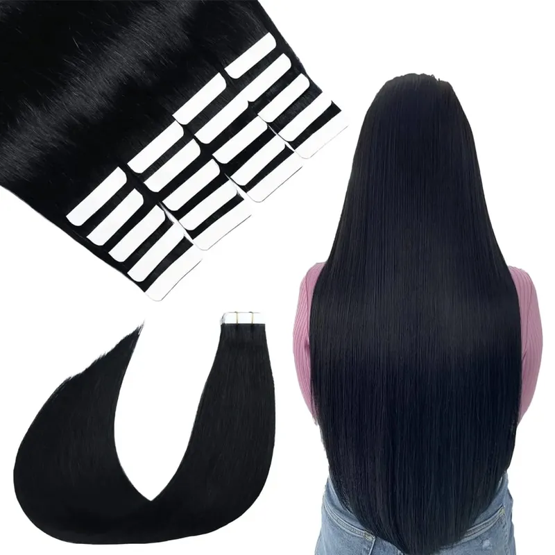 Tape in Hair Extensions Straight Tape in Hair Remy Tape in Hair Extensions Human Hair Color 1 Jet Black 18 inch 20pcs 50g