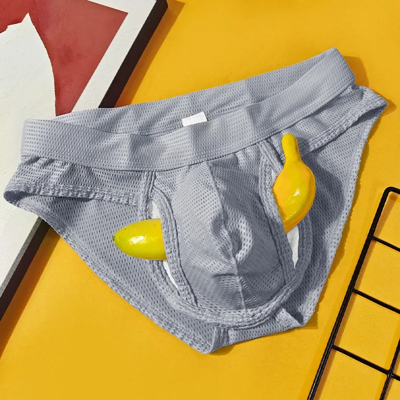 1PC Mesh Breathable Men's Underwear with Fly Pouch Front Open Bulge Separated Pouch Youth Korean Version Youth Briefs