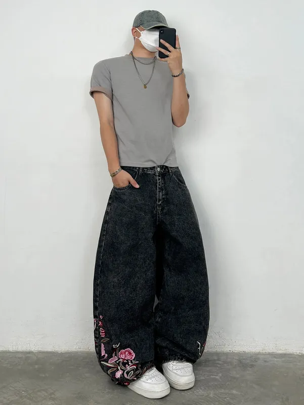 American Retro Embroidered Design Snowflake Gray Baggy Jeans Man Y2K Trendy Street Fashion Skateboard Style Versatile Long Pants