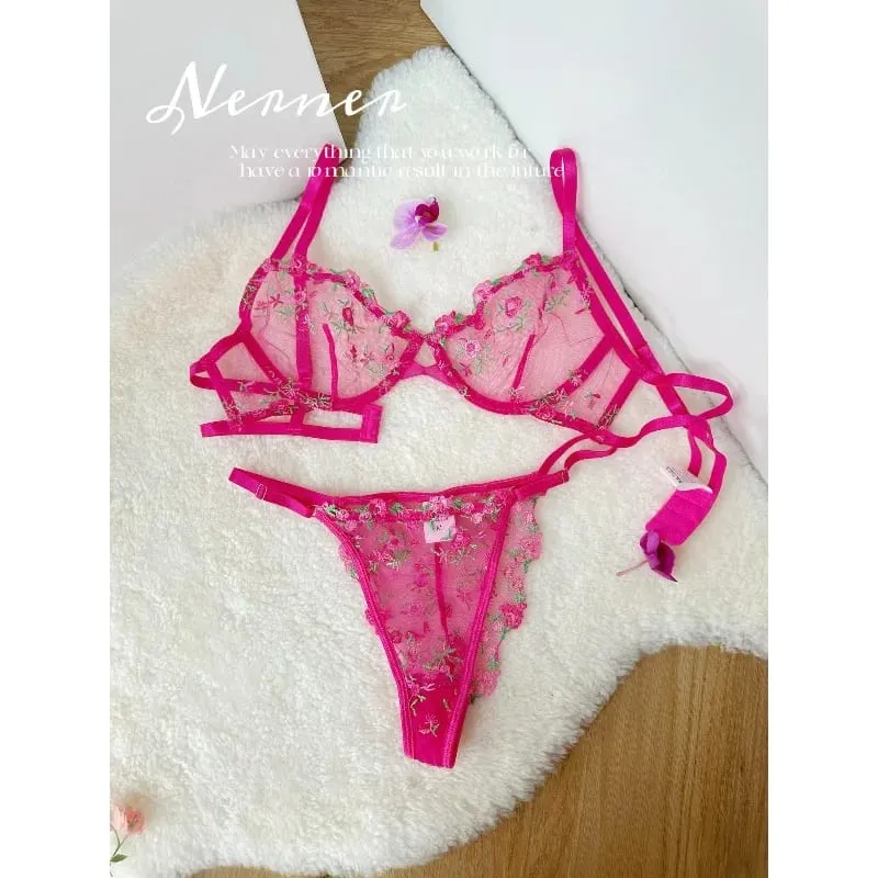 Kawaii Japanese Lingerie Set Sheer Tulle Pink Floral Embroidery Bra Bralette sek-si Pure Matching Set BANERDANNI Tushy Bras
