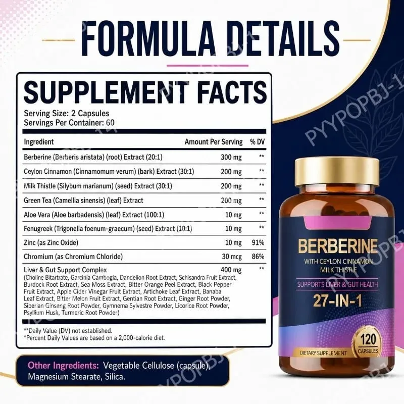 Suplemento de berberina 27 em 1 com cardo de leite de canela de Ceilão para imunidade de saúde intestinal de fígado para homens e mulheres 120 cápsulas veganas — image 2