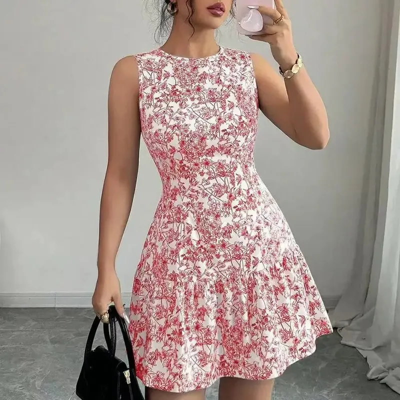 Spring/Summer Boho And French-Style Blue And White Floral Dress Sleeveless With A Round Neckline
