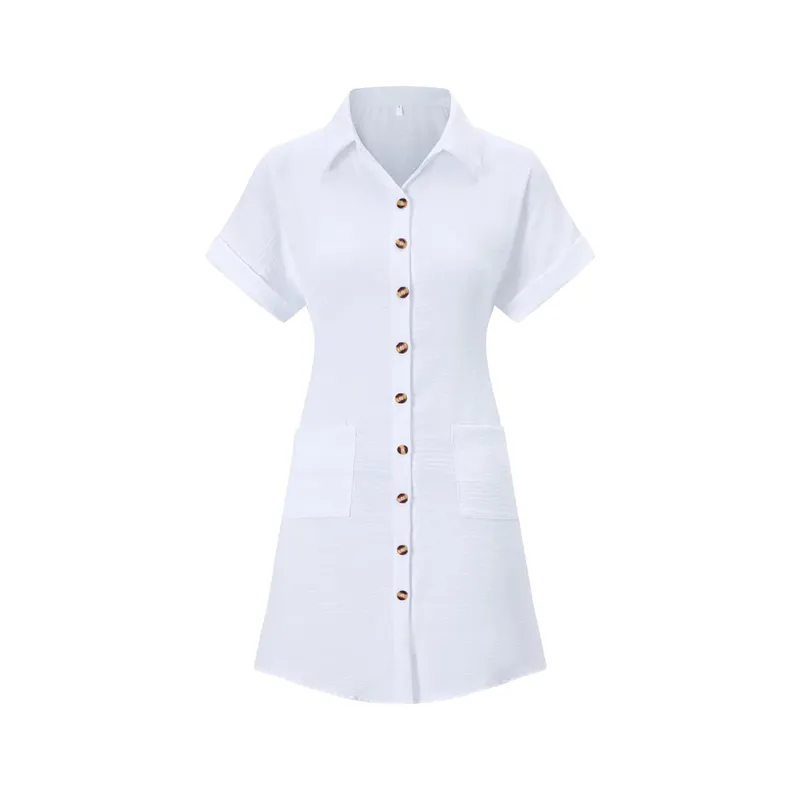 2026 European and American Cross Border Leisure Solid Color Cotton Hemp Buckle Long Short Sleeve Loose Shirt Dress Women's Wear