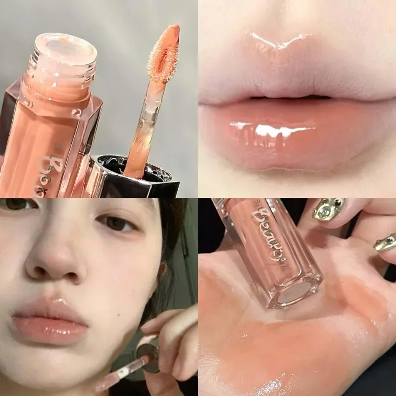 Hielo transparente marrón brillo de labios hidratante líquido brillante lápiz labial desnudo luz de agua espejo de cristal esmalte de labios maquillaje de larga duración
