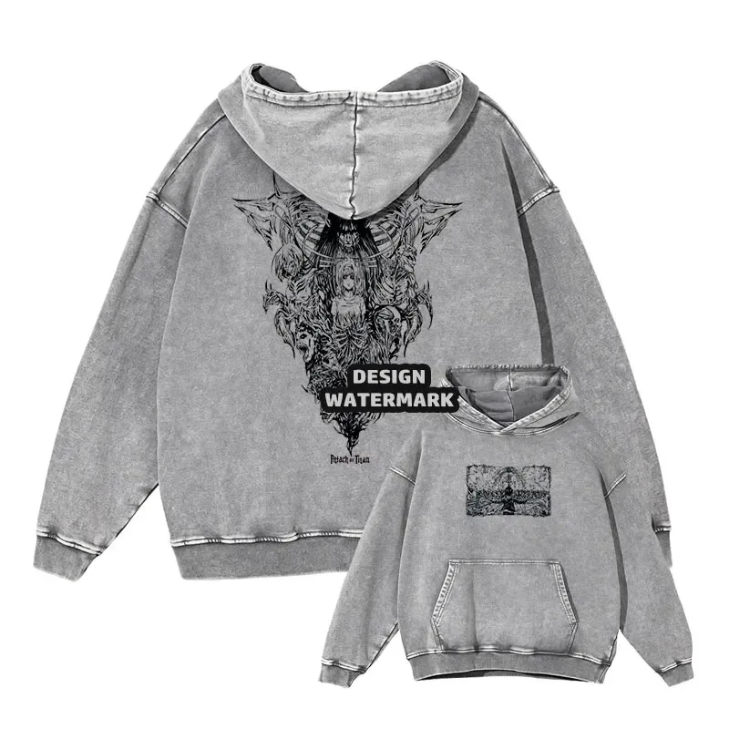 Anime Levi Hoodies Vintage Washed A-Attack on Titan Hoodie Casual Manga Yeager Eren Kapuzenpullover Titan Attack Pullover