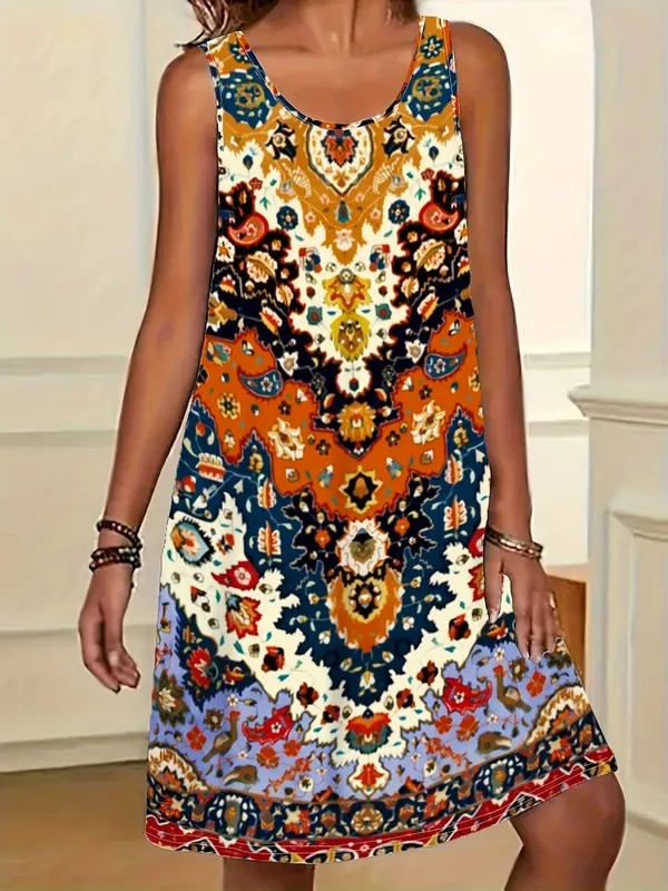 2026 Summer Women's Sleeveless Dresses Knee-Length Round-Neck Dresses Beach and Vacation Casual Dresses Printed Women's Dresses